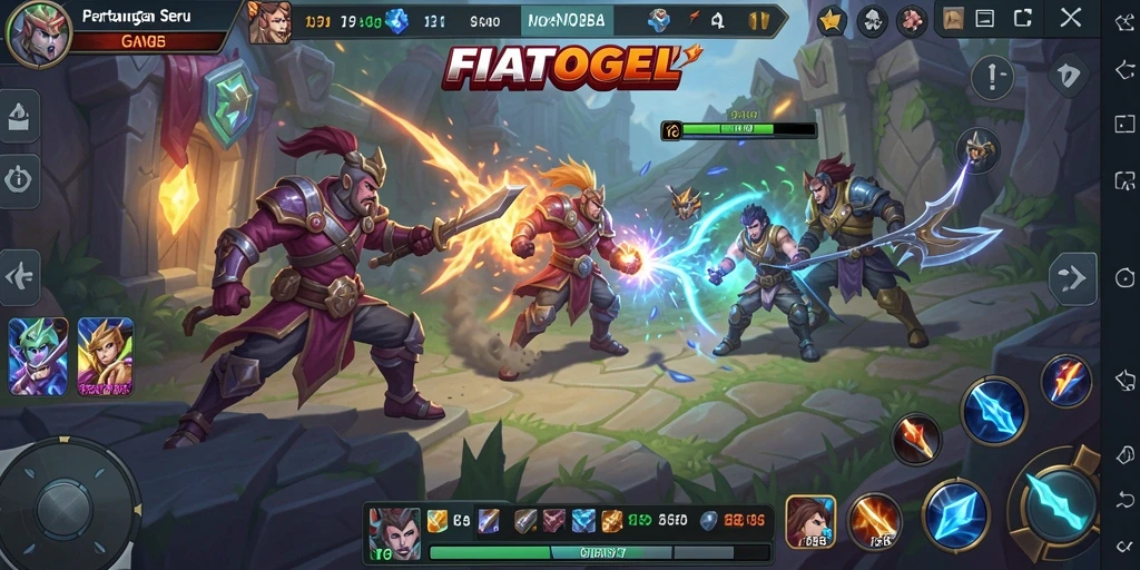 Tampilan seru gameplay MOBA dalam FIATOGEL dengan karakter yang beraksi.
