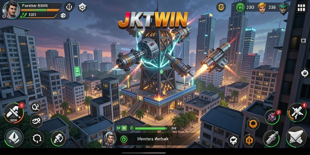 Tampilan gameplay menarik dari JKTWIN saat pertahanan menara beraksi.