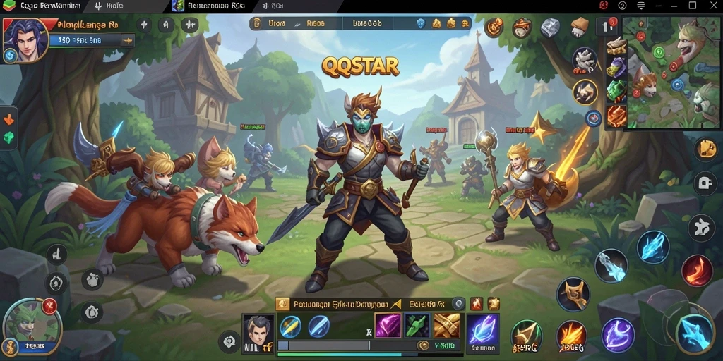 Tangkapan layar QQSTAR yang menunjukkan pertarungan dan eksplorasi dunia RPG.