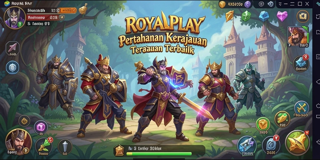 Screenshot gameplay ROYALPLAY menampilkan pertahanan menara yang strategis.